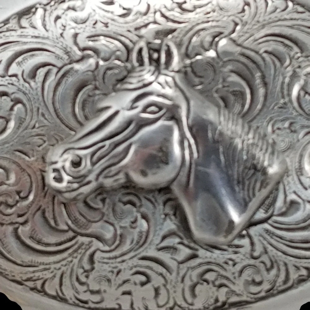Crumrine Oval Silver Tone Horse Western Cowboy‎ Belt Buckle Ornate Scrollwork